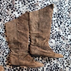 Classique Brown Suede Leather Slouchy Tall Boots Asymmetrical Womens 8.5 Retro